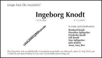 Traueranzeige von Ingeborg Knodt von Pegnitz-Zeitung