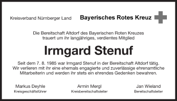 Traueranzeige von Irmgard Stenuf von Der Bote