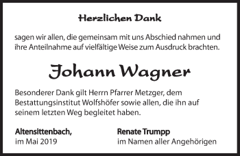 Traueranzeige von Johann Wagner von Hersbrucker Zeitung
