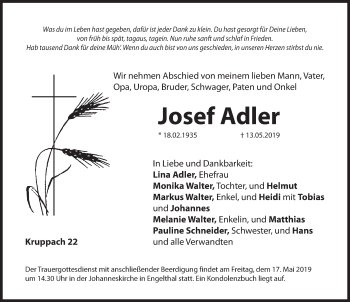 Traueranzeige von Josef Adler von Hersbrucker Zeitung