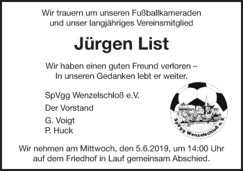 Traueranzeige von Jürgen List von Pegnitz-Zeitung