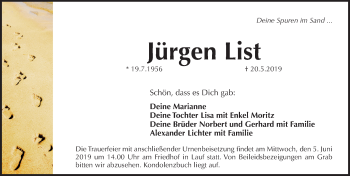Traueranzeige von Jürgen List von Pegnitz-Zeitung
