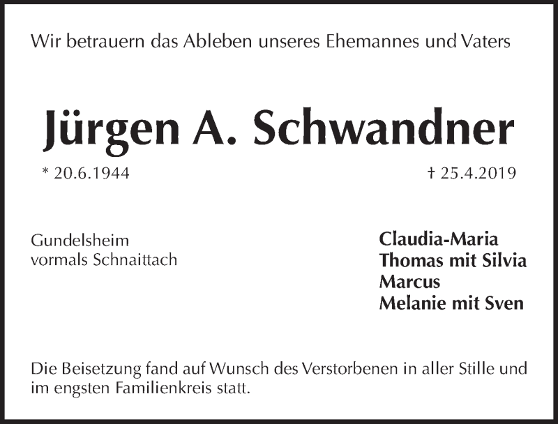  Traueranzeige für Jürgen A. Schwandner vom 04.05.2019 aus Pegnitz-Zeitung
