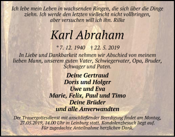 Traueranzeige von Karl Abraham von Pegnitz-Zeitung