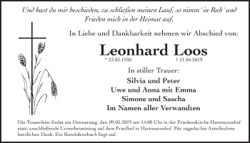 Traueranzeige von Leonhard Loos von Hersbrucker Zeitung