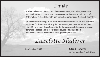 Traueranzeige von Lieselotte Haderer von Pegnitz-Zeitung
