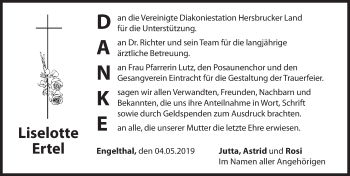Traueranzeige von Liselotte Ertel von Hersbrucker Zeitung