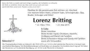 Traueranzeige von Lorenz Britting von Pegnitz-Zeitung