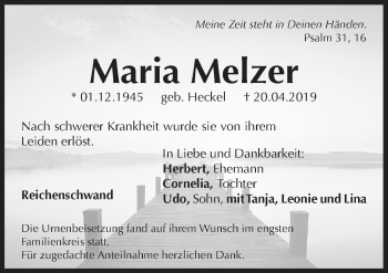 Traueranzeige von Maria Melzer von Hersbrucker Zeitung