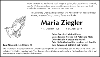 Traueranzeige von Maria Ziegler von Pegnitz-Zeitung