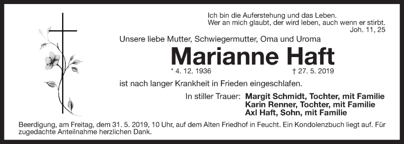  Traueranzeige für Marianne Haft vom 29.05.2019 aus Der Bote