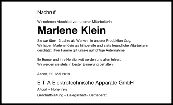 Traueranzeige von Marlene Klein von Der Bote