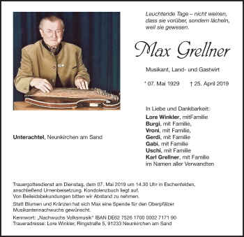 Traueranzeige von Max Grellner von Pegnitz-Zeitung