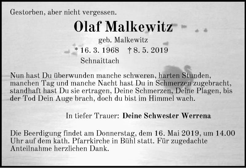  Traueranzeige für Olaf Malkewitz vom 11.05.2019 aus Pegnitz-Zeitung