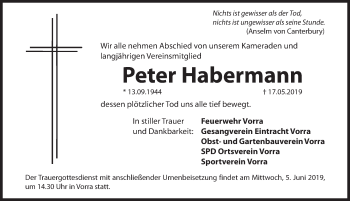 Traueranzeige von Peter Habermann von Hersbrucker Zeitung