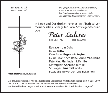 Traueranzeige von Peter Lederer von Hersbrucker Zeitung
