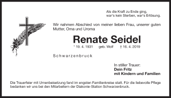 Traueranzeige von Renate Seidel von Der Bote
