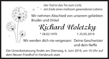 Traueranzeige von Richard Holetzky von Hersbrucker Zeitung
