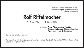 Traueranzeige von Rolf Riffelmacher von Der Bote