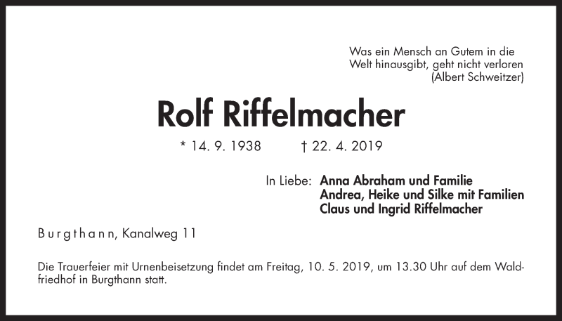 Traueranzeigen von Rolf Riffelmacher | Gemeinsamtrauern.com | N-land