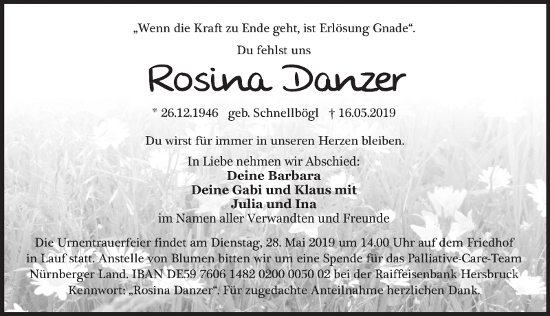  Traueranzeige für Rosina Danzer vom 25.05.2019 aus Pegnitz-Zeitung
