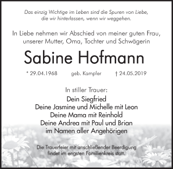 Traueranzeige von Sabine Hofmann von Hersbrucker Zeitung