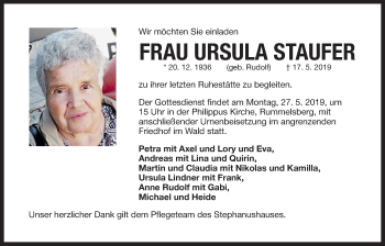 Traueranzeige von Ursula Staufer von Der Bote
