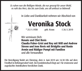 Traueranzeige von Veronika Stock von Pegnitz-Zeitung