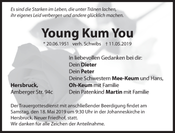 Traueranzeige von Young Kum You von Hersbrucker Zeitung
