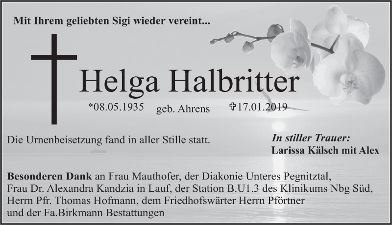  Traueranzeige für Helga Halbritter vom 12.06.2019 aus Pegnitz-Zeitung