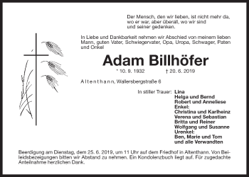 Traueranzeige von Adam Billhöfer von Der Bote