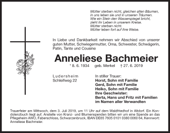 Traueranzeige von Anneliese Bachmeier von Der Bote