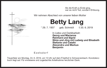 Traueranzeige von Betty Lang von Der Bote