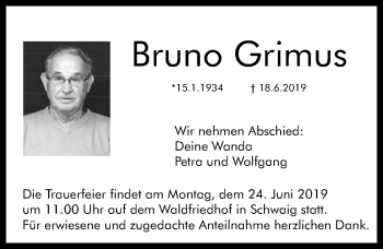 Traueranzeige von Bruno Grimus von Pegnitz-Zeitung