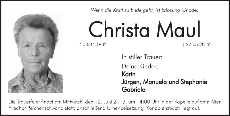  Traueranzeige für Christa Maul vom 08.06.2019 aus Hersbrucker Zeitung