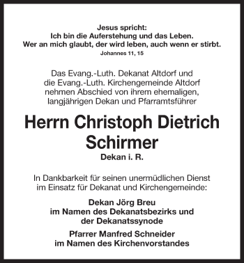 Traueranzeige von Christoph Dietrich Schirmer von Der Bote