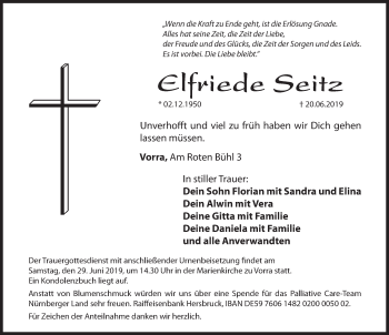 Traueranzeige von Elfriede Seitz von Hersbrucker Zeitung