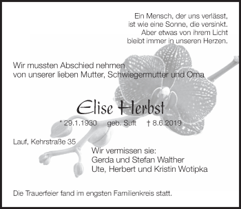 Traueranzeige von Elise Herbst von Pegnitz-Zeitung