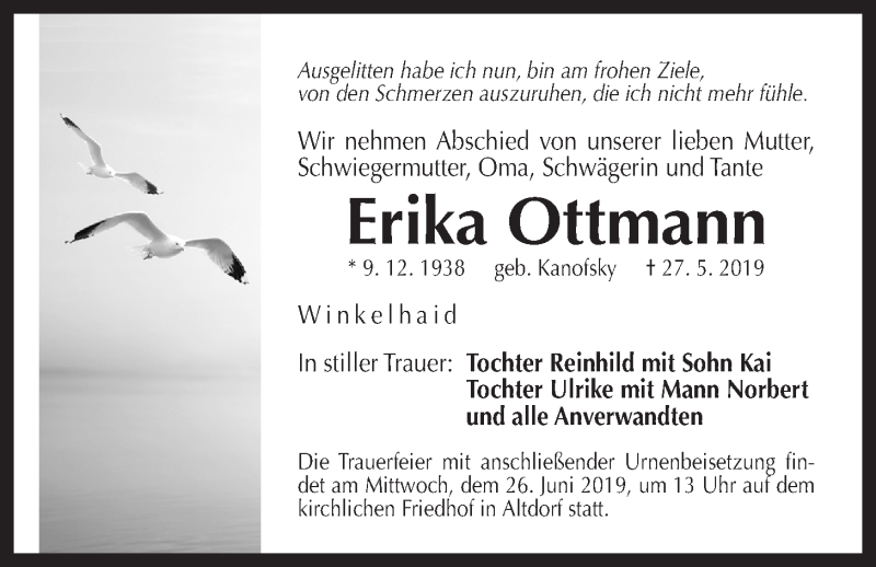  Traueranzeige für Erika Ottmann vom 24.06.2019 aus Der Bote