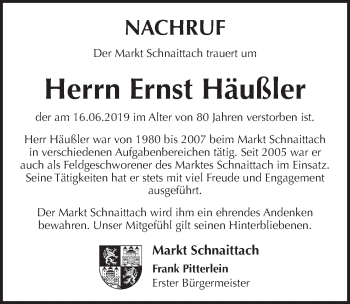 Traueranzeige von Ernst Häußler von Pegnitz-Zeitung