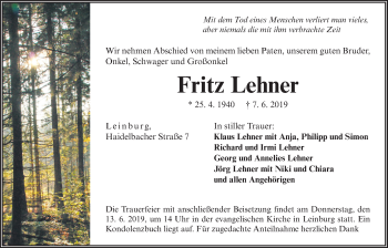 Traueranzeige von Fritz Lehner von Der Bote