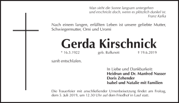 Traueranzeige von Gerda Kirschnick von Pegnitz-Zeitung