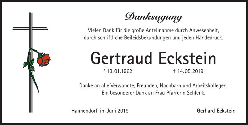  Traueranzeige für Gertraud Eckstein vom 08.06.2019 aus Pegnitz-Zeitung