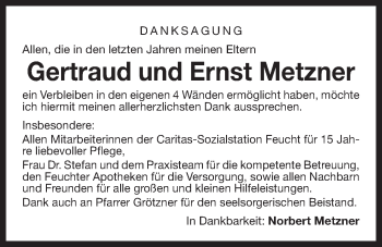 Traueranzeige von Gertraud und Ernst Metzner von Der Bote