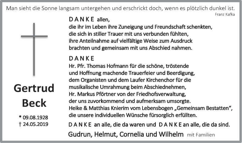  Traueranzeige für Gertrud Beck vom 18.12.2018 aus Pegnitz-Zeitung