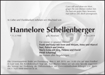Traueranzeige von Hannelore Schellenberger von Pegnitz-Zeitung
