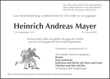 Traueranzeige von Heinrich Andreas Mayer von Hersbrucker Zeitung