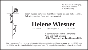 Traueranzeige von Helene Wiesner von Pegnitz-Zeitung