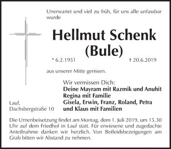Traueranzeige von Hellmut Schenk von Pegnitz-Zeitung