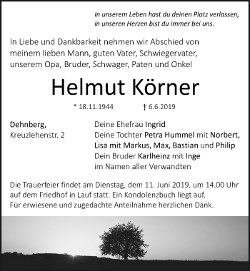 Traueranzeige von Helmut Körner von Pegnitz-Zeitung